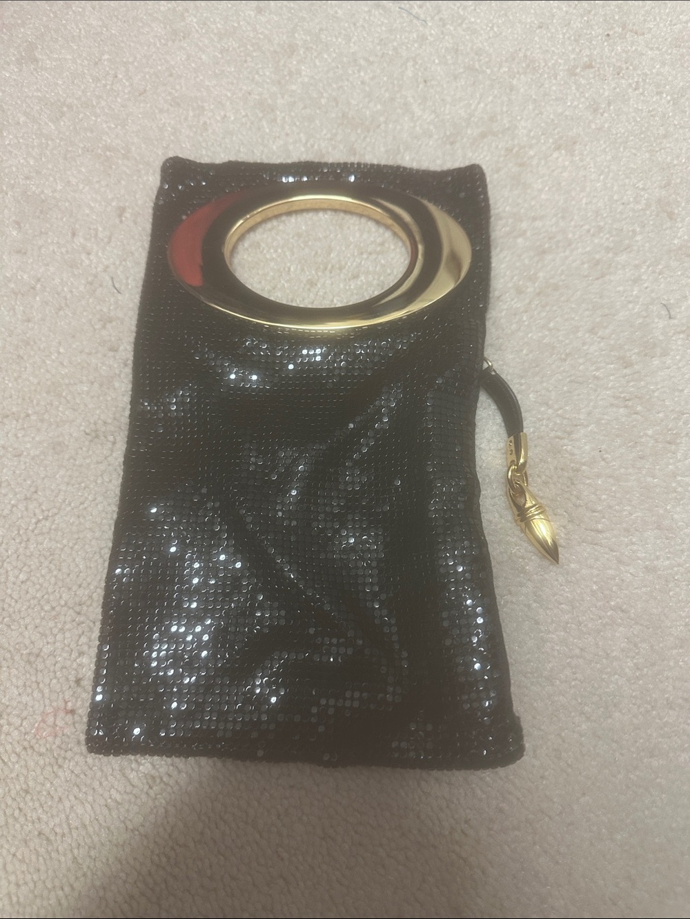 IMAN Black Sequin Wristlet Clutch with Gold Ring Handle